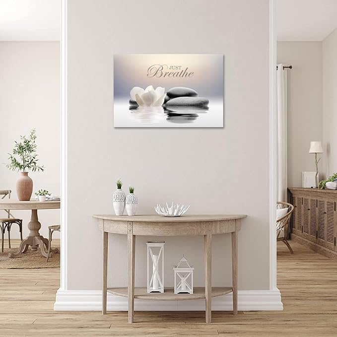 Zen Stone Canvas Wall Art Just Breathe Yoga Quotes Poster for Spa Decor White Lotus Flower Pictures Prints for Bathroom Modern Spiritual Artwork Framed (28 x 44inches)