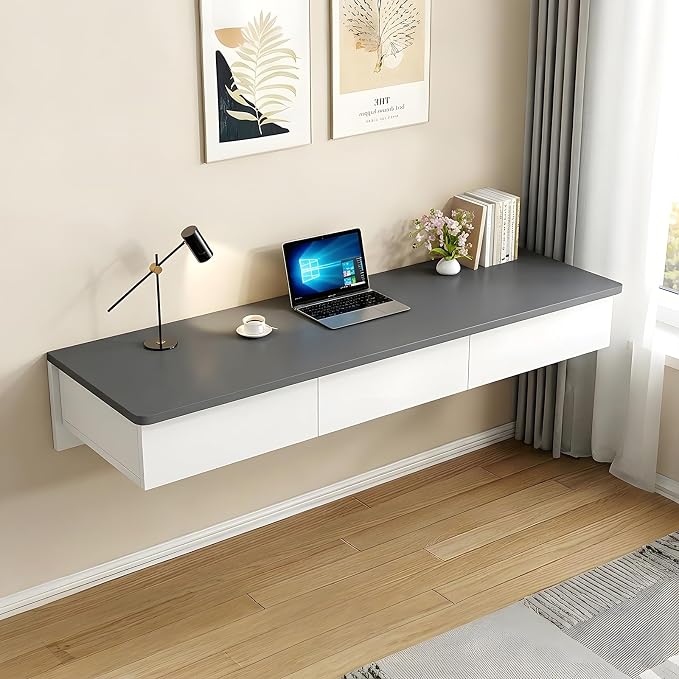 Floating Desk with Drawers, Wood Wall Mounted Desk, Floating Makeup Vanity, Space Saving, Sturdy and Stable, Floating Table for Living Room, Bedroom, Home, Office, White