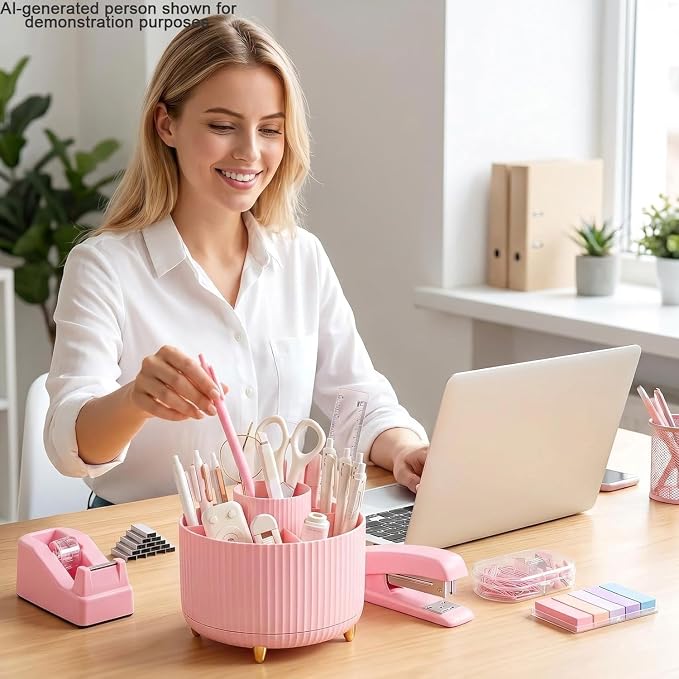 Office Supplies Set Rotating Pen Holder for Desk with Stapler Staple Remover Tape Dispenser,2pcs Tape Refills, Binder Paper Clips Kit, Scissor,Pen Ruler & Sticky Tabs,Pink Office School Supplies(Pink)