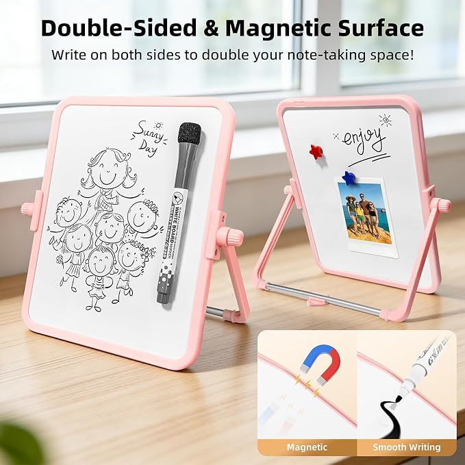 Colorful Dry Erase White Board 6.7x8.4in, Magnetic Desktop Board with Stand, 2 Markers (Eraser Head), 4 Magnets - Double-Sided Easel for Daily Planning, Memo, Office/Home/School (Orange)