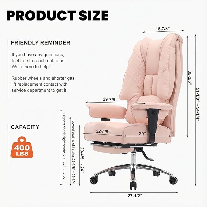Big and Tall Office Chair 400lbs Wide Seat, Leather High Back Executive Office Chair with Foot Rest, Ergonomic Chairs Lumbar Support for Lower Back Pain Relief (Light Pink)
