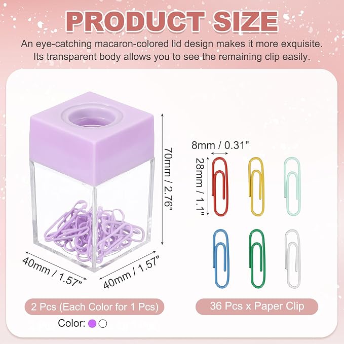PATIKIL Magnetic Paper Clip Holder Dispenser, 2Pcs Large Capacity Paper Clip Organizers with Magnetic Top for Desk Supplies, Office, Classroom, Home, Purple/White(36Pcs, Multicolor Clip)