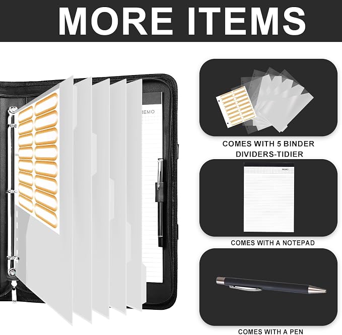 Leathario Portfolio Binder, Includes 5 Folder Index Dividers, 13 Inch Tablets Organizer with Handle, Vegan Leather A4 Padfolio, Multi-Pocket Notepad Business Planner Professional Document