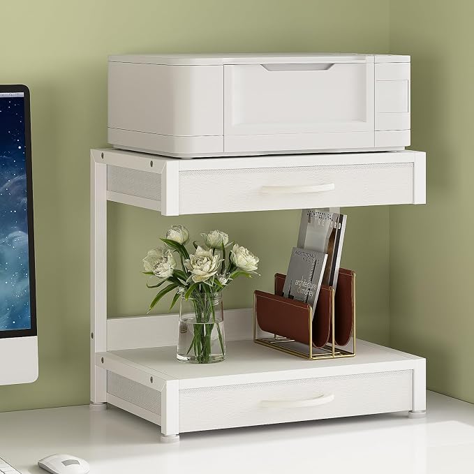 VENNQD 2-Tier Desktop Printer Stand with 2 Fabric Drawers, Prtiner Table with Storage Shelf, Desk Organizer for Home Office,3D Printer,Fax Machine,Scanner (White, 2 Tier)