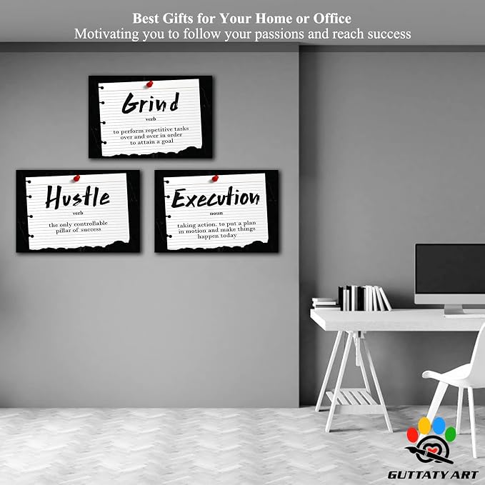 Office Wall Art - 3 Panel Motivational Wall Art, Inspirational Quotes Canvas Art for Home Office Wall Decor, Positive Quotes Wall Decor, Entrepreneur Grind Hustle Execution Poster Frame (24”x36”x3Pcs)