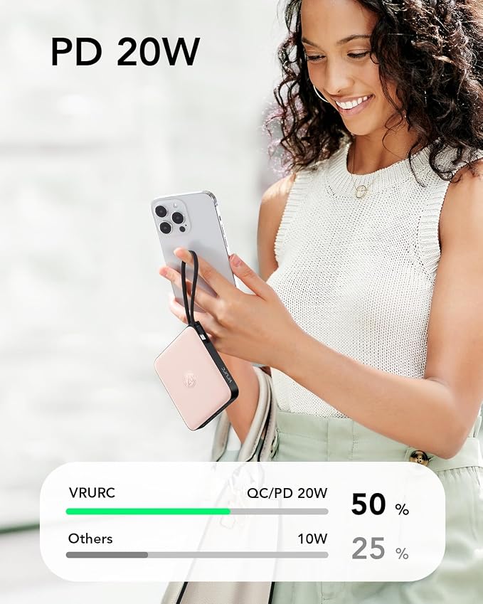 VRURC 20000mAh Power Bank Built-in Cables, Travel Essentials, Portable Charger 22.5W Fast Charging USB C Battery Pack, Phone Battery Bank for iPhone 17/16/15 Series, Android Phone - Pink(1 Pack)