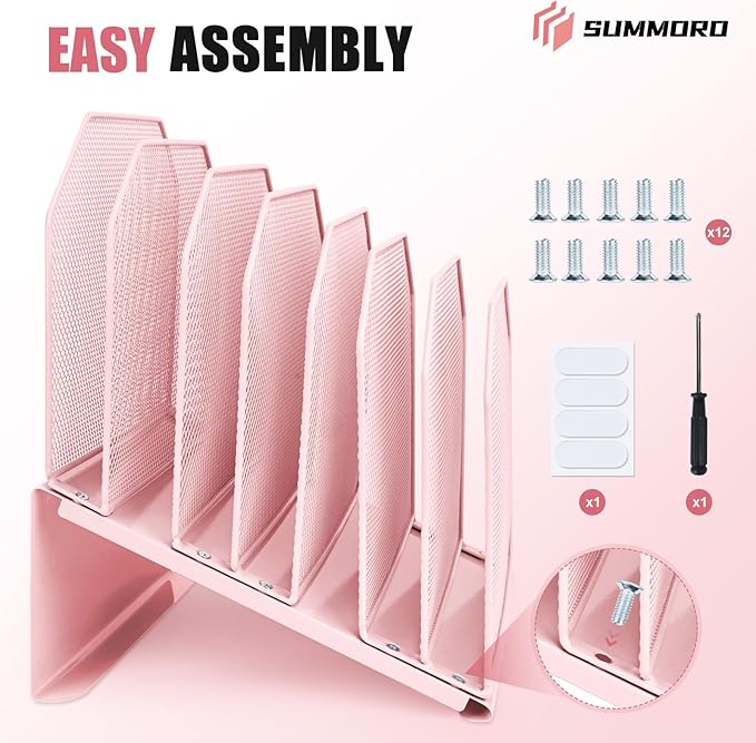 Inclined File Organizer for Desk, 7-Tier Vertical File Folder Holder Office Desk Organizer Metal Rack File Wire Mesh Desktop Document Sorter for Office School Classroom Home (Pink)