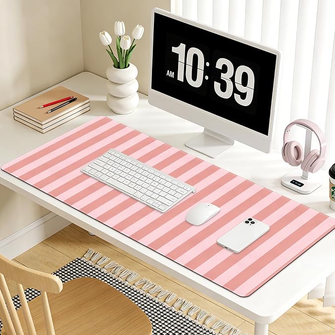 Leather Desk Pad Protector,Orange Striped Office Desk Mat, Large Mouse Pad PU Leather Desk Blotter, Waterproof Laptop Desk Writing Pad Computer Keyboard Pad for Office Home