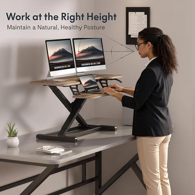 FLEXISPOT Standing Desk Converter 40" Wide Desk Riser for Multi-Device, Large Desktop Sit Stand Workstation for Dual Monitors, Ergonomic Height Adjustable Stand Up Desk Riser, Rustic Brown