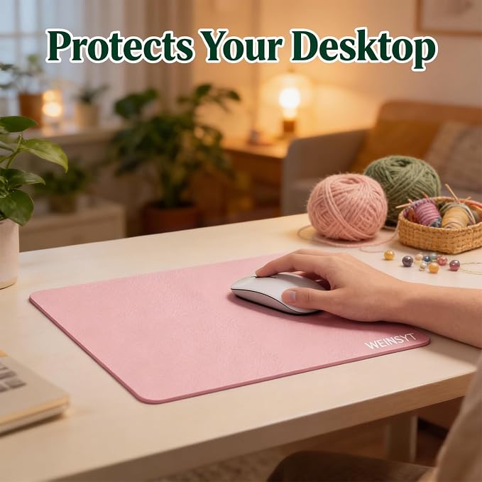 Dual-Sided Desk Protection Mat & Mouse Pad 2-in-1, 10" x 8.3" Waterproof PU Leather Desk Protector for Sticker Crafts, Office & Gaming - Non-Slip Base, Dusty Pink & Baby Blue