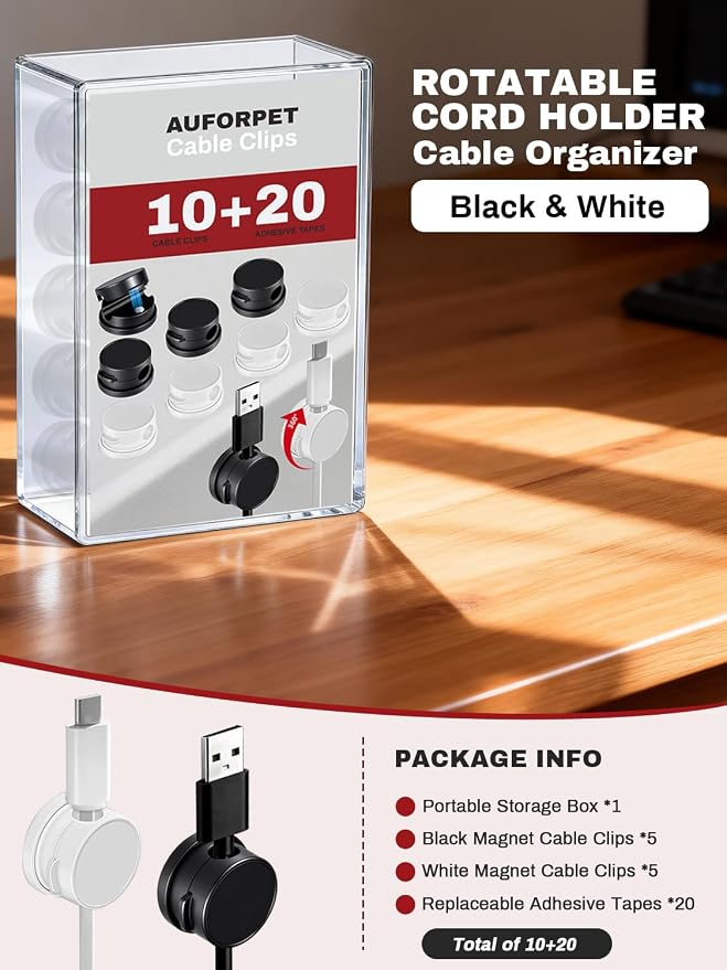 10Pack Magnetic Rotatable Cord Holder with Box, 360°Rotating Clips Cable Organizer for Nightstand, with No-Residue Strong Adhesive for Desk, Phone Cord for Home, Office, Car, Travel Accessories