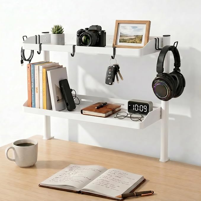 Clamp on Desk Shelf White, 24in 2-Tier Office Desk Shelves Organizer, Shelf for Top of Desk with Headphone Holder and Hooks, Desktop Storage Rack for Home Workspace, Study Rooms, Gaming Accessories
