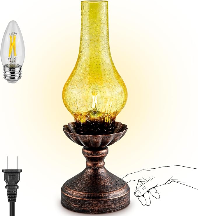 Vintage Table Lamp,Touch Control & 3-Way Dimmable Rustic Retro Farmhouse Bedside Lamp with Amber Glass Shade and LED Bulb for Bedroom, Living Room, Cabin, Office