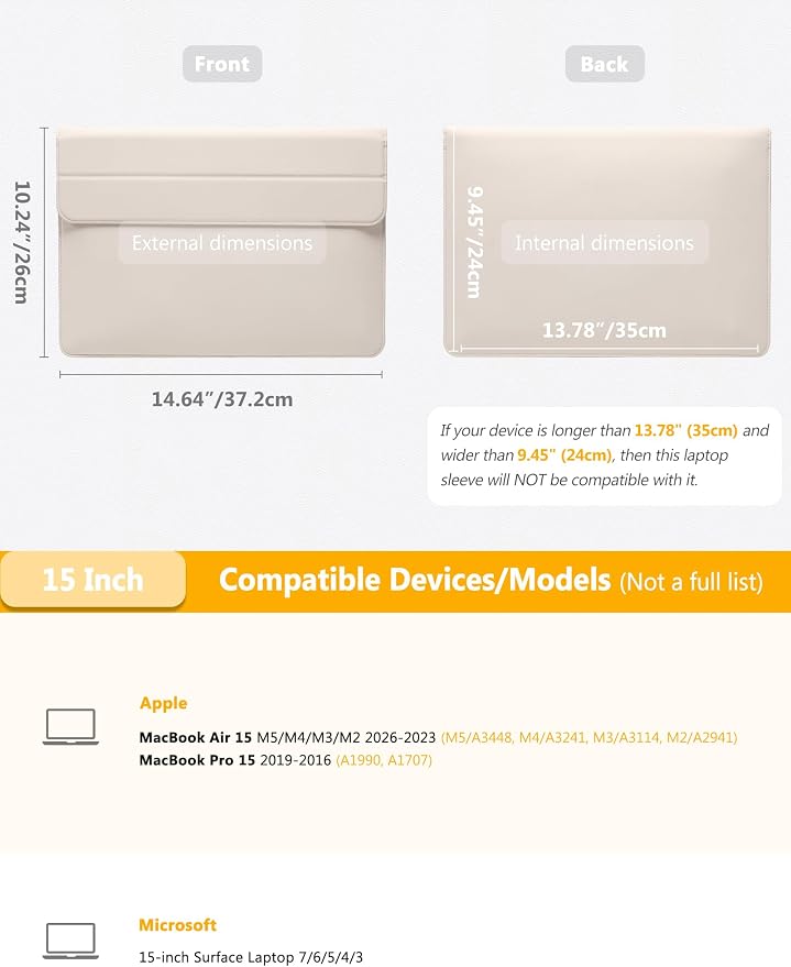 HYZUO 15 Inch Laptop Case Bag Sleeve with Stand for MacBook Air 15 M5 M4 A3241 M3 A3114 M2 A2941 2026-2023, 15" Surface Laptop 7/6/5/4/3, MacBook Pro 15 A1990 A1707 2019-2016, Beige