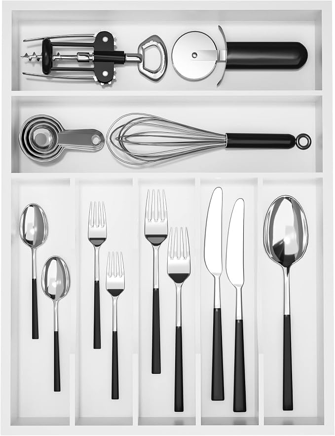 Utensil Organizer Silverware Drawer Organizer - 7 Slots Bamboo Cutlery Organizer Multi-Purpose Silverware Divider for Kitchen Flatware, Hair Accessories, Repair Tools, Art Set W13”x L17” (White)