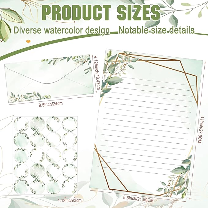 TaoBary 160 Pcs Stationery Paper Set 50 Double Sided Stationery Papers with 50 Matching Envelopes and 60 Round Dot Sticker, 10 Design(Green Leaves,8.5 x 11 Inch)