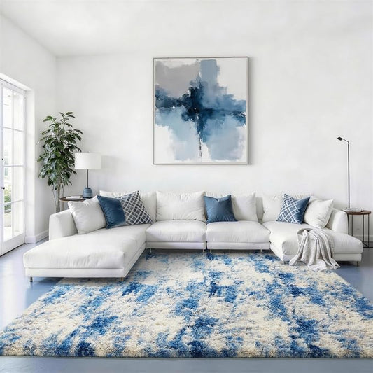 Ophanie 6x9 Blue and Gray Area Rugs for Living Room,Large Navy Grey White Fluffy Shag Fuzzy Plush Soft Carpets,Floor Shaggy Rugs for Bedroom,Carpet Kids Boys Dorm Decor with Over 99 pcs Pile fibers