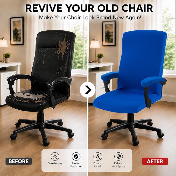 Stretch Computer Office Chair Cover with Armrest Covers Durable Zipper Universal Washable Removable Spandex Rotating Boss Chair Slipcovers Anti-dust Soft Desk Chair Seat Protector, Royal Blue