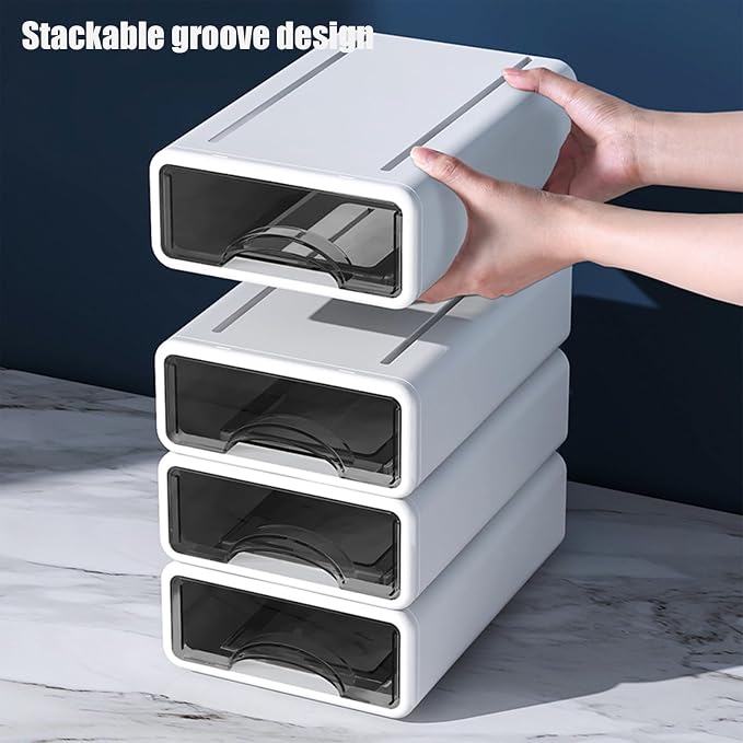 Desk Organizer with Drawers, Stackable Storage Drawers with Compartments Desktop Organization for Office Supplies, Makeup, Pencils, Tape, Erasers, Paperclips, Chargers (White 2S2M)