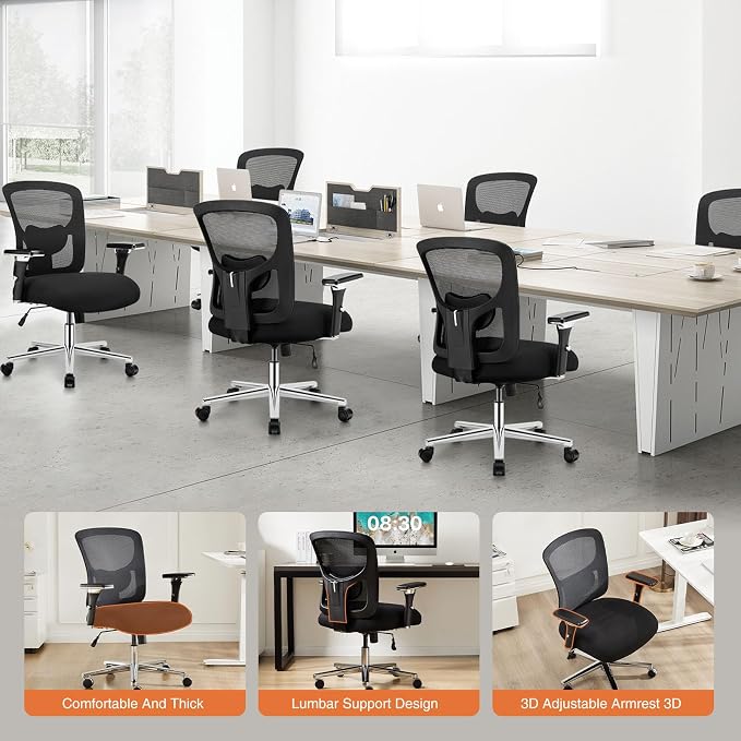Sweetcrispy Big and Tall Office Desk Chair with Lumbar Support, 500lbs Heavy Duty Mesh Ergonomic Computer Chair with 4D Armrest and Wide Comfy Seat, Wheels for Adult, Black