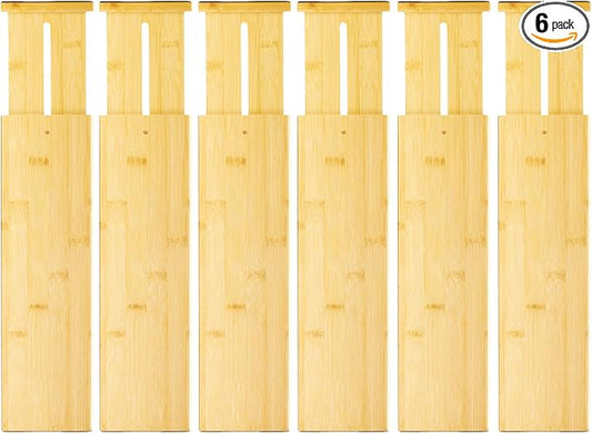 VaeFae 6 Pack Bamboo Drawer Dividers, 4" High Adjustable 16.6" - 21.8" Clothes Drawer Organizers, Expandable Separators for Bedroom/Bathroom/Kitchen/Office Storage