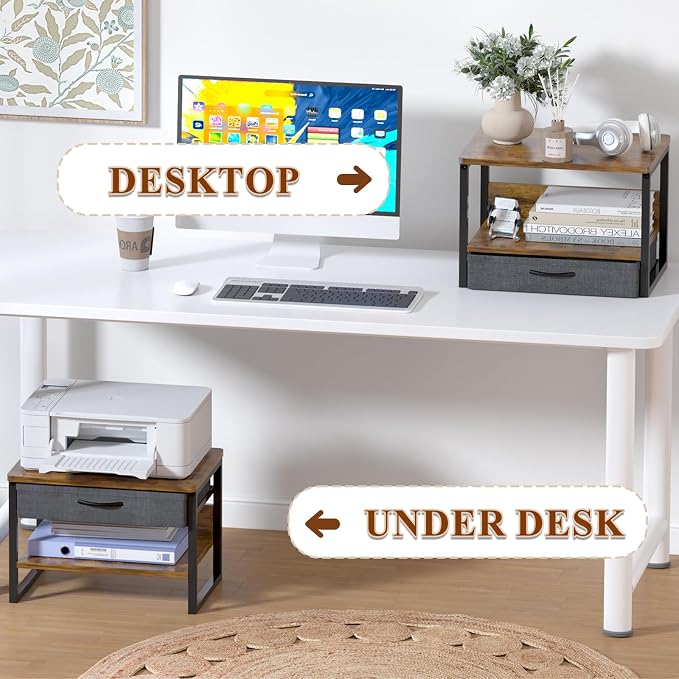MARTY Desktop Printer Stand with Storage Drawer, Printer Riser for Desk | 2 Tier Printer Shelf, Small Printer Table for Home Office, for Fax Machine Copier Scanner, Desk Organizer, 17.1"x12.4", Brown
