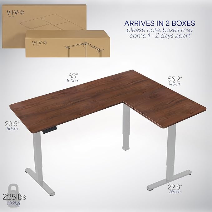 VIVO Corner Standing Desk, 63 x 55 inch Reversible L-Shaped Workstation, Electric Height Adjustment, Home, Office, and Reception Rooms, Dark Walnut Table Top Gray Frame, DESK-E3CTGD