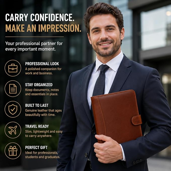Leather Portfolio Padfolio Organizer – Professional Resume & Interview Portfolio Folder with Zipper Pocket, Card Slots & Pen Holders – Genuine Leather Business Portfolio Binder for Documents