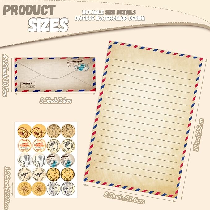 TaoBary 160 Pcs Stationery Paper Set 50 Double Sided Stationery Papers with 50 Matching Envelopes and 60 Round Dot Sticker, 10 Design(Vintage Travel,8.5 x 11 Inch)