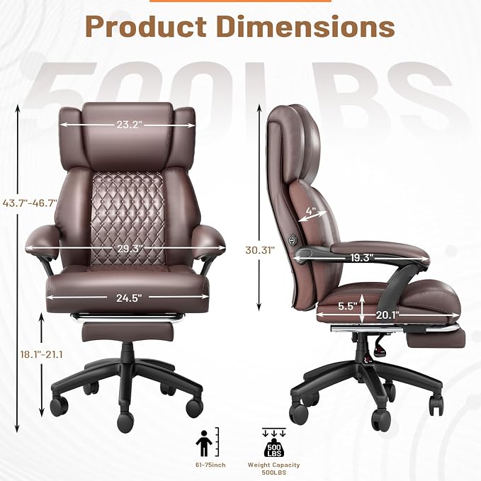 HOMREST 500lbs Big and Tall Office Chair, Ergonomic Heavy Duty Chair with Adjustable Lumbar Support & Backrest, Executive Leather Office Chair with Wide Armrests and Wheels (Brown)