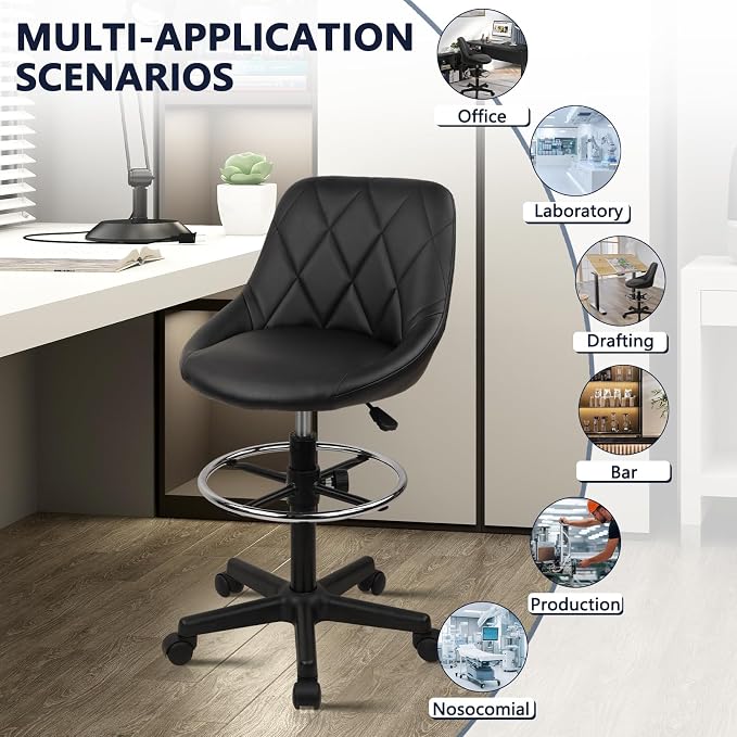 KLASIKA Drafting Chair with Back, Leather Rolling Swivel Stool with Adjustable Height and Footrest, Ergonomic Tall Standing Desk Office Chairs with Wheels for Home Work Shop Kitchen Bar, 4PK