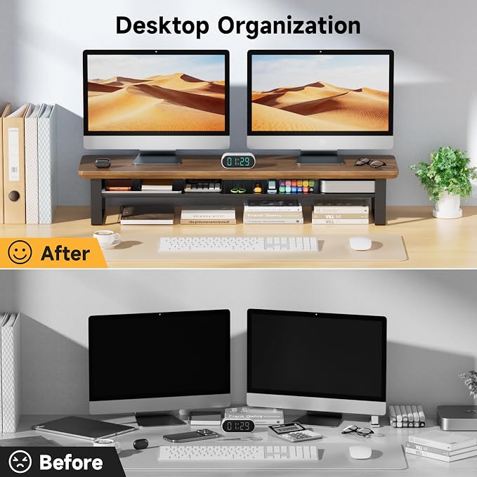 Dual Monitor Stand, 35.4 Inch Monitor Stand Riser for 2 Monitors, 2 Tiers Wood Desk Shelf with Storage, Desktop Organizer Stand for Computer, Laptop, Printer, TV