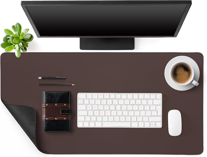 Tegeme Genuine Leather Desk Mat Large Desk Pad 31.5 x 15.7 Inch Non Slip Leather Table Protector with Stitched Edges and Rubber Base Brown Stylish Laptop Mat Smooth Writing for Workspace Home Office