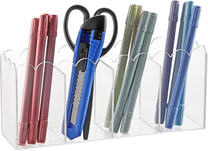 MOLIGOU Acrylic Pencil Holder, 4 Compartments Clear Pen Organizer, Desktop Pencil Holder with Scalloped Edges