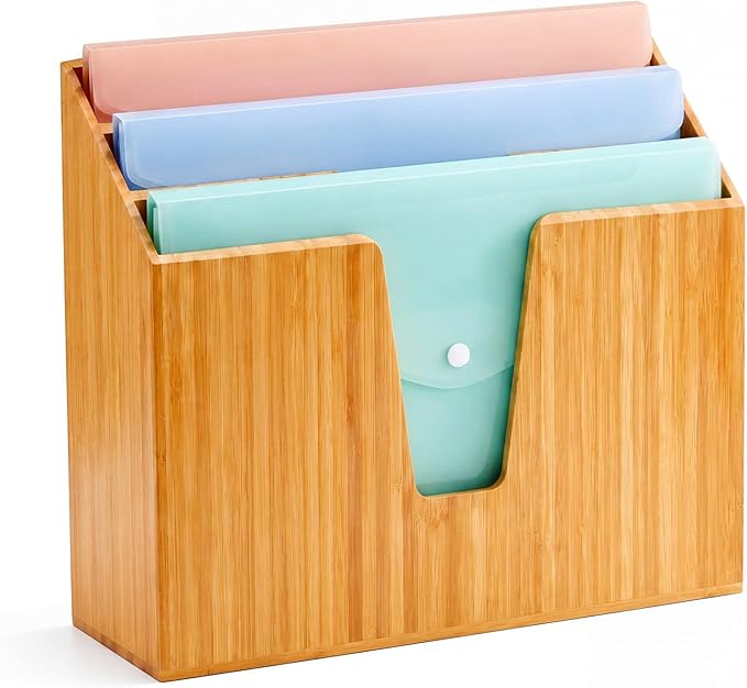 Suzile Bamboo Wall Mounted File Folder Holder Organizer, 3-tier Vertical File Organizer Wooden Sorter Rack for Office, Home, Desktop, Desk Letter Mail Document Storage, 13" x 4.5" x 11.5"