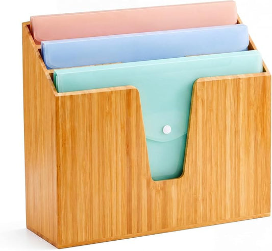Suzile Bamboo Wall Mounted File Folder Holder Organizer, 3-tier Vertical File Organizer Wooden Sorter Rack for Office, Home, Desktop, Desk Letter Mail Document Storage, 13" x 4.5" x 11.5"