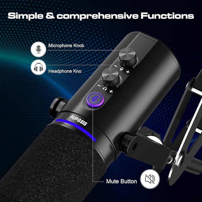 PUPGSIS Podcast Dynamic Microphone, XLR/USB Recording PC Microphones for Broadcast, Podcast, Recording, Gaming & Streaming, Studio Mic with Mute, Headphone Jack, Monitoring Volume Control, Windscreen