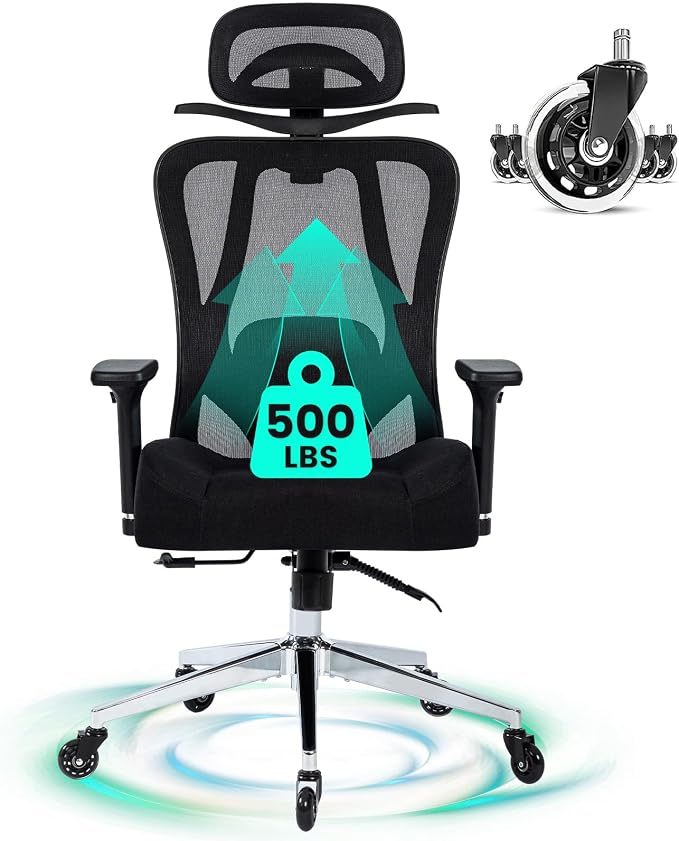 Heavy Duty Ergonomic Office Chair, 500lbs Capacity, Mesh Back, Aluminum Alloy Frame, Modern Style, Black