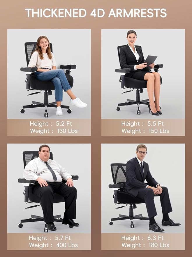 Big and Tall Office Chair 700lbs, Ergonomic Desk Chair with W Wide Thick Cushion, Executive Mesh Office Chair with Adjustable Lumbar Support & 4D Armrest, Computer Task Chairs for Heavy People, Black