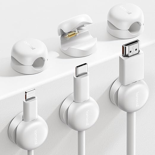 Lamicall 6 Pack Cable Management Clips, 1s Lock Spring Compact Cord Holder | 8mm Slot, Smaller, Space Saving, Nightstand Phone Charging Cord Holder, Adhesive Wire Organizer, Desk Office Accessories