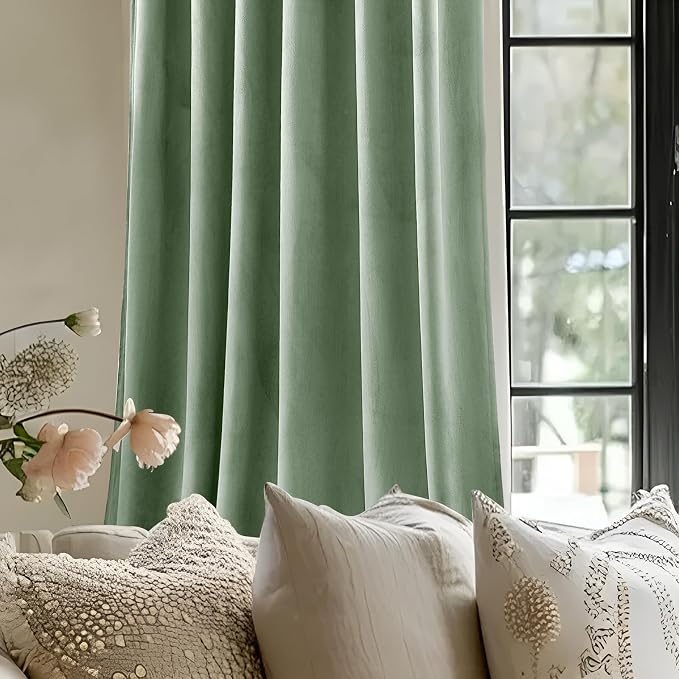 Extra Long Sage Green Velvet Curtains 102 Inches for Living Room, Thermal Insulated Room Darkening Curtain Sound Reducing Privacy Drapes for Office, Back Tab Rod Pocket, W52 x L102, 2 Panels