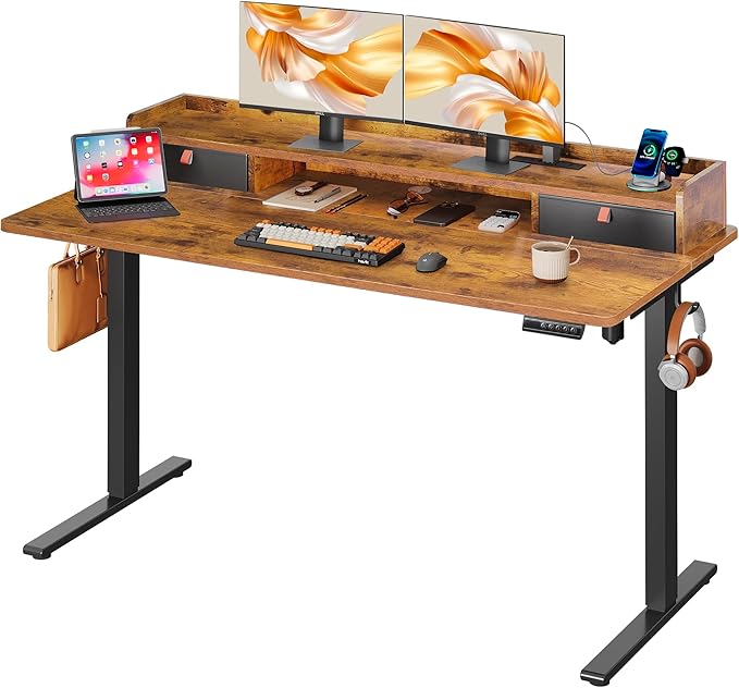 DEVAISE 55 Inch Standing Desk with Sheft, Ergonomic Computer Desk, Rustic Brown