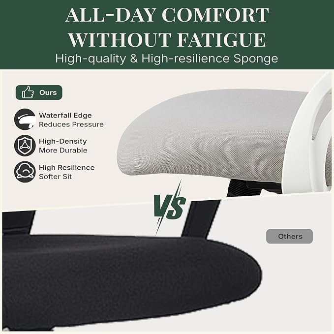 Ergonomic Light Weight Office Chair, Comfy Desk Chair with Wheels, Work Chair with Adjustable Headrests, Flip-Up Armrests, Breathable Mesh Back, Small Computer Chair for Home Computer, Grey