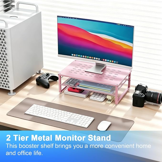 Gianotter 2-Tier Metal Monitor Stand Riser, Workspace Organizer with Desk Accessories, Office Storage for Supplies (Pink)