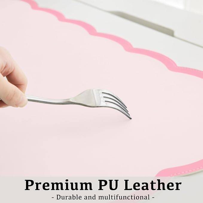 Scalloped Desk Mat, 23.6" x 11.8" Cute Small Aesthetic Desk Accessories, PU Leather Computer Laptop Desk Mouse Keyboard Pad, Desk Writing Mat for Vanity/Work/Home Decor Pink