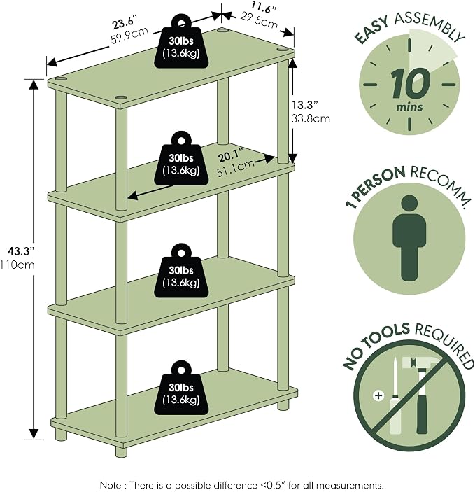 Furinno Turn-N-Tube Storage Shelves, 4-Tier Toolless Book Shelf, Corner Shelf, Open Shelves, for Organization and Storage, Living Room, Garage, Home Office, Sage Green