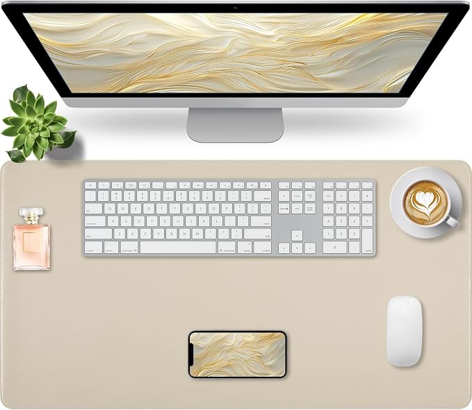 Bloss Beige Desk Mat with Stitched Edges,27.6" x 13.8" Keyboard Pad | Non-Slip Desk Protector Mat, Leather Desk Blotter, Waterproof Desk Pad for Office Home Decor