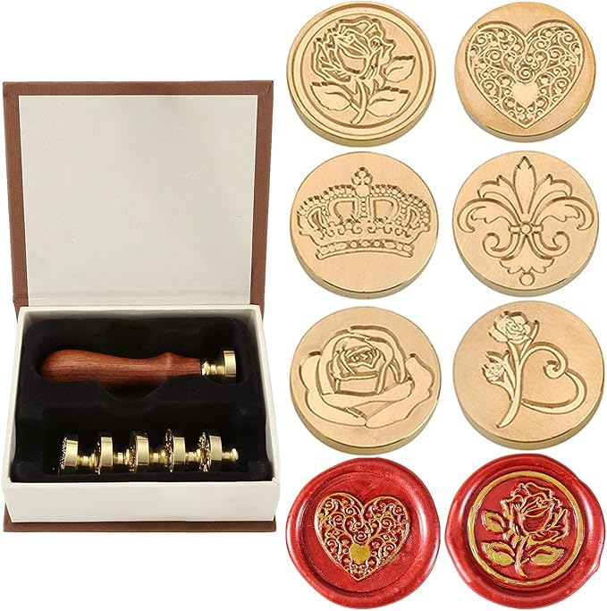 Yoption 6 Pcs Wax Seal Stamp Set, Romantic Rose Heart Flower Crown Sealing Wax Stamps Kit, Wooden Handle with Brass Head for Wedding Invitation Cards Christmas Gift