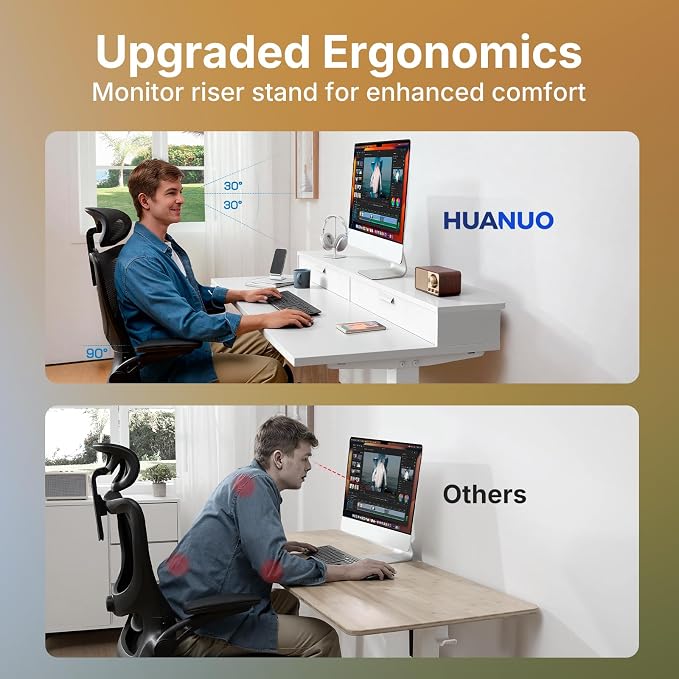 HUANUO 32 x 21 inch Small Electric Standing Desk with 2 Drawers, C-Clamp Mount Compatible, Height Adjustable Sit Stand Desk, Home Office Stand Up Desk with 4 Memory Height Settings, White