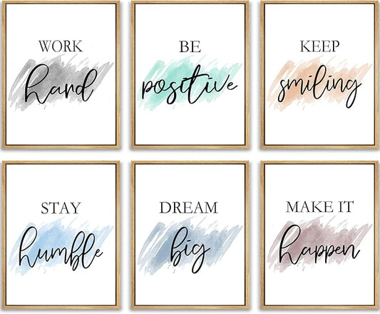 Drsoum Motivational Wall Decor Inspirational Office Wall Art Quotes Encouraging Canvas Framed Posters for Office Bedroom Sayings - 8" x10" x6 PCS Framed